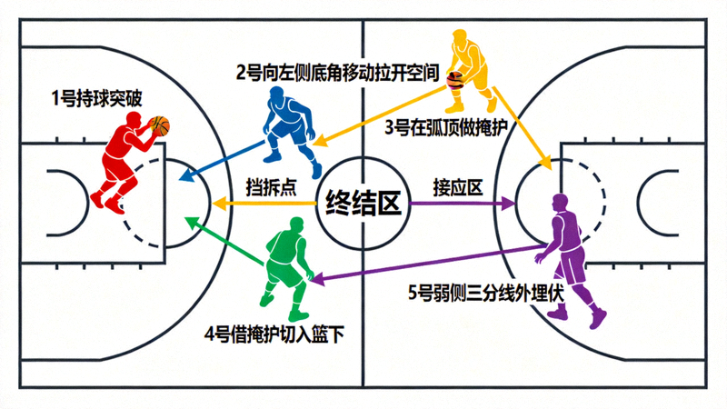 篮球战术图解，展示复杂的团队配合跑位